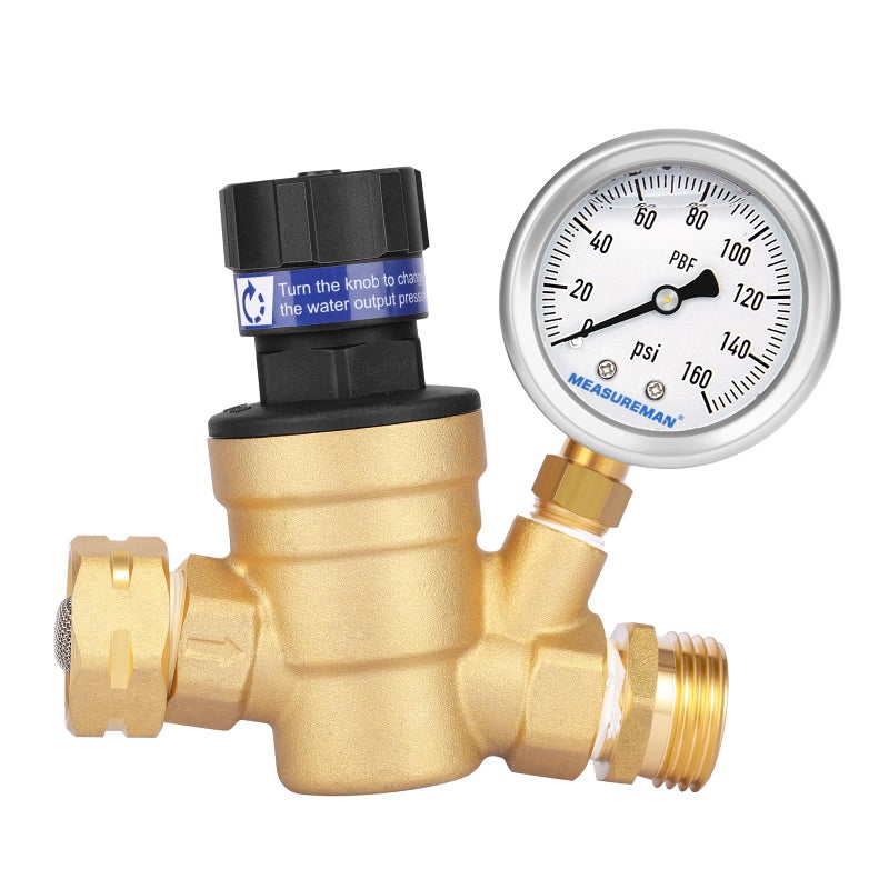 MEASUREMAN Handle Adjustable RV Water Pressure Regulator, 3/4â€™â€™ Thread & Lead-Free Brass, Pressure Gauge 1/4â€™â€™ NPT & 160psi, Inlet Screened Filter For Camper, Trailer, RV, Garden, Plumbing System - Image 1